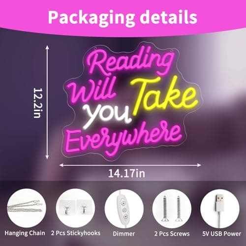 KATMBFUE Reading Will Take You Everywhere Neon Signs, Neon Sign with Switch for Wall Decor, USB Dimmable Neon Lights Colorful LED Signs for Home Club Party Christmas Decoration 14.17 x 12.2" view 2