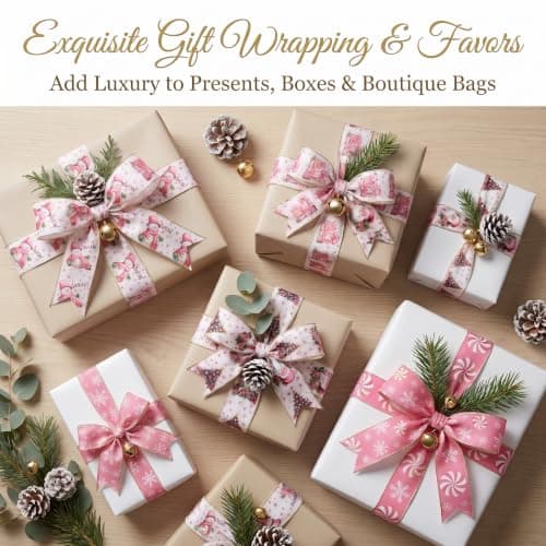 Pink Christmas Wired Edge Ribbon, 2.5 Inch 30 Yards, Santa Snowman Snowflake Patterns, Polyester, 6 Rolls for Wrapping, Bows, Wreaths (Pink&White) view 6