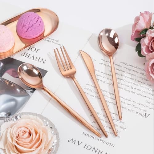 PULOTE 150PCS Rose Gold Plastic Silverware Set - Heavy Duty Rose Gold Utensils - Plastic Cutlery Disposable - Include 50 Forks, 50 Knives, 50 Spoons for Party, Mother's Day & Wedding view 5