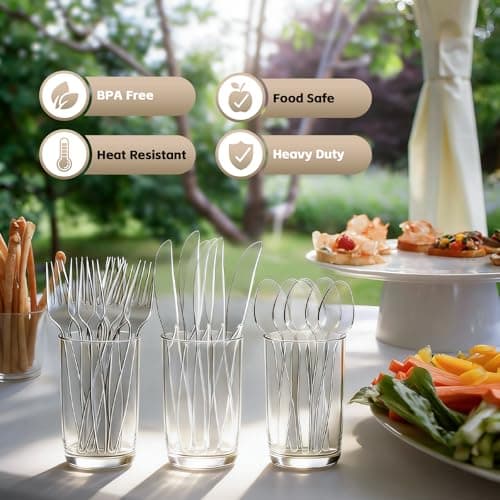 [300 Count] Clear Plastic Silverware Set, Heat Resistant Heavy Duty Plastic Utensils 120 Spoons & 120 Forks & 60 Knives, BPA-Free, Disposable Cutlery Set for Party Supply view 6