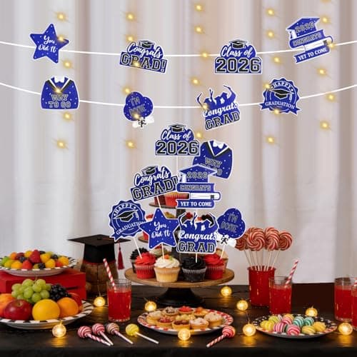 Graduation Decorations 2026 Graduation Party Decorations 32Pcs Blue Graduation Table Centerpiece Sticks with String Lights for College High School Congrats Grad Party Decor Supplies Favors Photo Props view 3