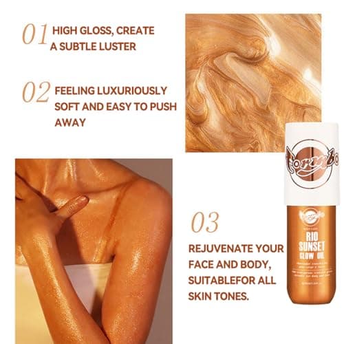 Body Glow Oil Shimmering Highlighter Liquid with Golden Glow, 90ML Non-Sticky & Lightweight Moisturizer for Face & Body, Perfect for Beach, Vacation & Summer Looks, Warm Golden Finish, 02# view 2