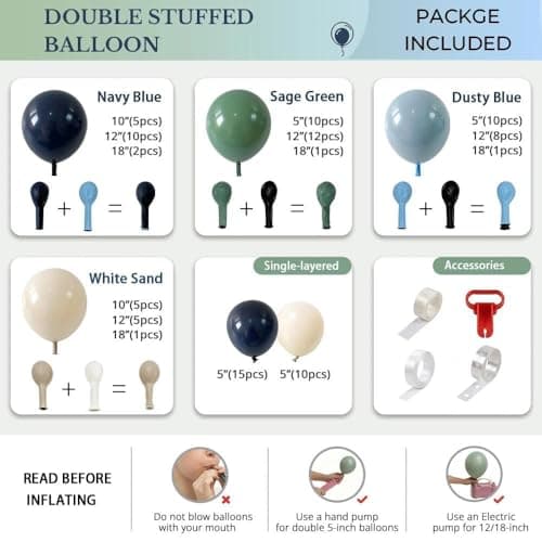 Double Stuffed Navy Blue & Sage Green Balloon Garland Arch Kit, Multi-size Matte Dusty Blue Sand Latex Balloons for Baby Shower,Gentleman Theme Party,Birthday,Bridal Wedding,Graduation view 4