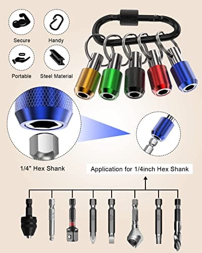 Tool Gifts, Upgrade, Steel Material, Katerk 5PCS 1/4 Inch Hex Shank Screwdriver Bits Holder Extension Bar Screw Adapter Drill Handy Heavyduty Keychain Bit Holder for Electric Screwdrivers, 5 Colors view 2