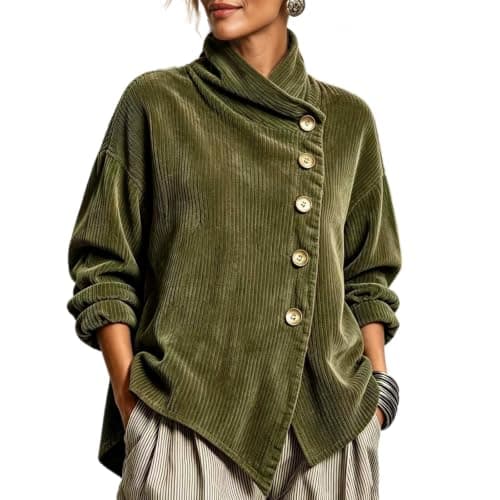 Women's Corduroy Jacket Asymmetrical Button Down Shirts Long Sleeve Coat view 2