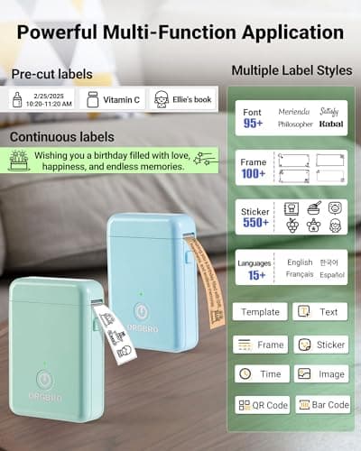 ORGBRO Label Maker Machine with Tape, X1 Portable Bluetooth Mini Label Printer, Support Pre-Cut & Continuous Label, Wireless Small Label Makers with Versatile App for School Home Office Organization view 2