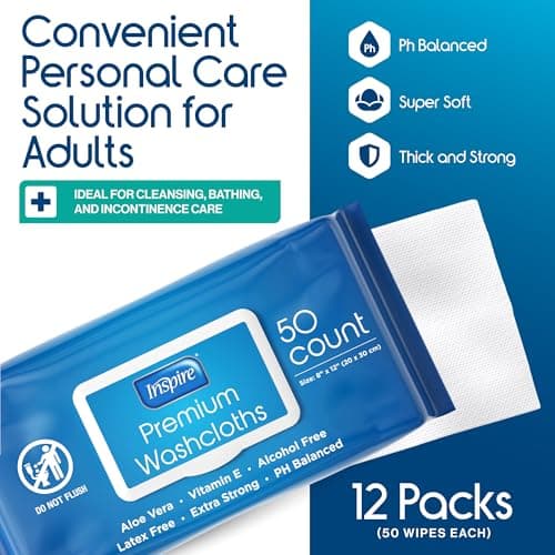 Inspire Adult Wet Wipes, Wash Cloths | Adult Wipes for Incontinence & Cleansing for Elderly, 8"x12" Count 12 packs of 50 view 2