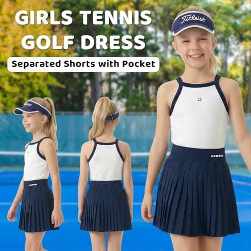 pMMq Girls Athletic Tennis Outfit Dress Set,Sleeveless Sport Dress with Pleated Skirt for Active Kids 4-15 Years view 3