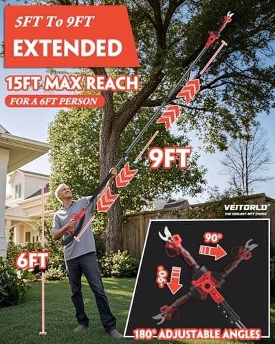 VEITORLD 2-IN-1 Cordless Electric Pole Pruning Shears, 15ft Reach, 1.2" Cutting Diameter, Battery Powered with 2x 2000mAh, Brushless Motor for Efficient Garden Tree Trimming, Branch Cutting（Red） view 3