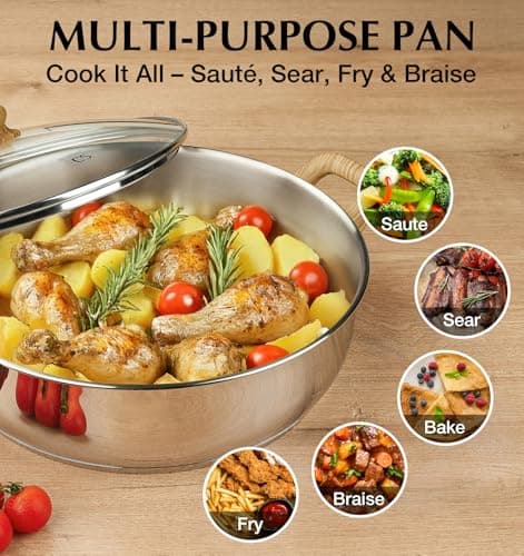 KOCH SYSTEME CS Stainless Steel Saute Pan with Lid, 12 Inch Deep Frying Pan with Double Handles, 5.5 Quart 18/10 Stainless Steel Pan with Cool-Touch Bakelite Handle, Deep Frying Pan, Induction Ready view 5