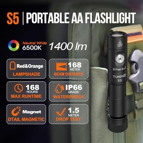 TUNENGE S5 1400 Lumens Mini Flashlight Rechargeable- Super Bright LED Pocket Light with Magnet & Clip, Red/Orange Diffuser,Small AA EDC Flashlight for Outdoor, Camping, Hiking, Emergency view 2