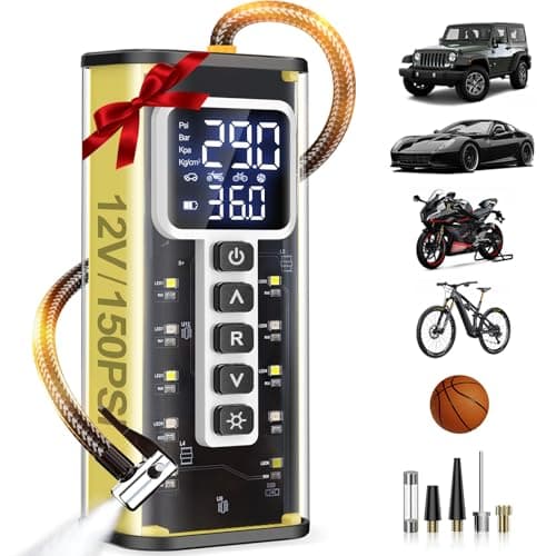Tire Inflator Portable Air Compressor, 150 PSI Air Compressor for Car Tires, Portable Tire Inflator for Car with Pressure Gauge, Tire Pump for Cars, Bike, Motorcycle, Ball，Valentines Day Gifts for Him