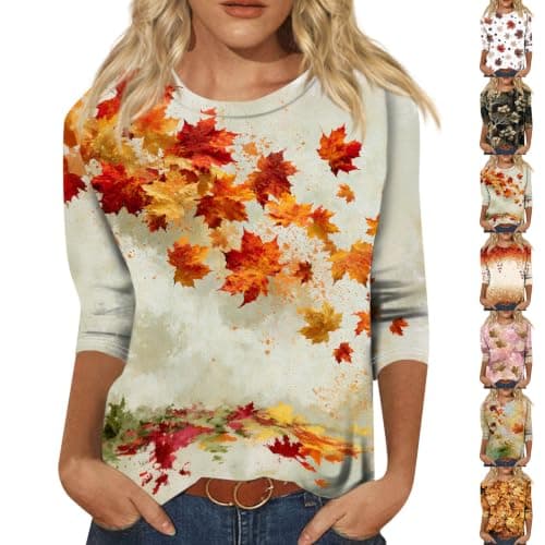 Maple Leaf Print 3/4 Sleeve Shirts for Women — image 1