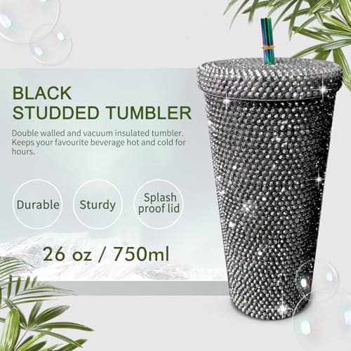 26oz Bling Rhinestone Studded Tumbler with Lid and Straws, Bling Cups Stainless Steel Water Bottle Diamond Glitter Tumbler for Women - Birthday Gifts for Women, Mom,Get Well Soon Gifts (Black) view 2