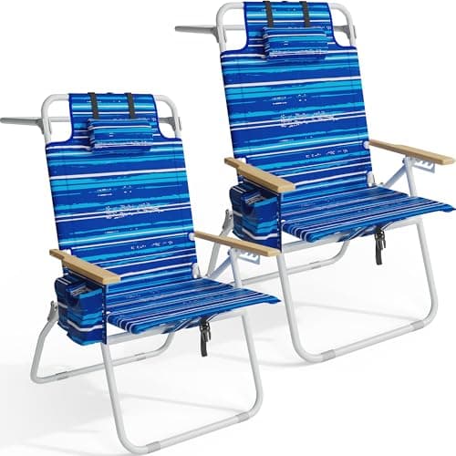 Tall Beach Chairs for Adults, 17" High Backpack Beach Chair with Wooden Armrests, 5 Positions Reclining Heavy Duty Chair with Large Cooler Pouch, Support to 350LBS Striped Blue,2pack view 1