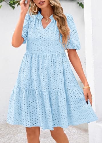 KIRUNDO Eyelet Summer Dresses for Women 2026 Mini Casual Hollow Out Short Sleeve Lace Tiered V Neck Shift Dress Pockets view 4