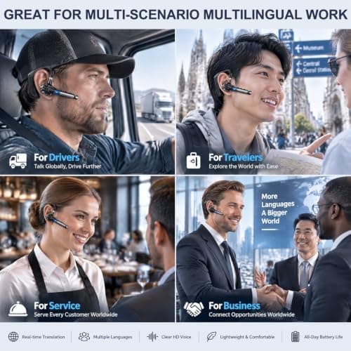 Bluetooth Headset for Work Calls & Live Streams, AI Translator Earbuds | 122H Playtime, 800mAh Charging Case, Hands-Free Phone Call Translation Wireless Earpiece with Mic for Driving Trucker Office view 5