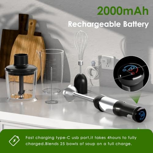 WHUTO 5-in-1 Cordless Immersion Blender,Touchscreen,Rechargeable Battery | 8-Speed Smart Touchscreen Control,2000mAh Battery Display,BPA-Free & Dishwasher-Safe,Beaker,Chopper,Whisk & Frother,Black view 3