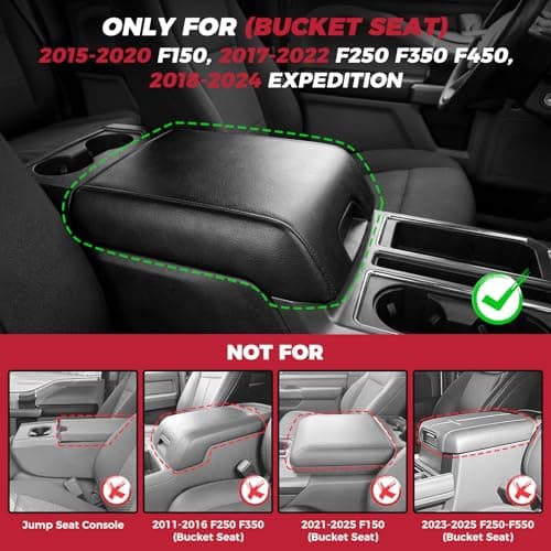 FREESOO Center Console Armrest Cover for Ford F150 2015-2020, Compatible with 2017-2022 F250 F350 F450 F550, 2018-2024 Expedition, PU Leather Cushion Thick Pad, Black (Bucket Seat Only) view 2
