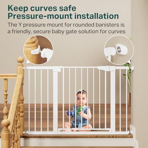 Cumbor 29.7-48" Baby Gate for Stairs, Mom's Choice Awards Winner-Dog Gates for Doorways, Auto Close Safety Pet Gate for Dogs Indoor, Easy Install Pressure Mounted Child Gate with Walk Thru Door, White view 5