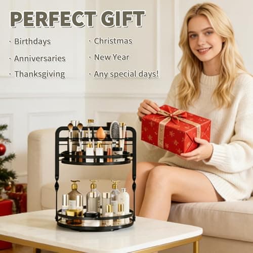 360° Rotating Makeup Organizer, 2-Tier Black Perfume Organizer for Dresser, Bathroom Organizers Countertop, Perfume Shelf with Makeup Brush Holder, Skincare Holder Cosmetic Display(Black) view 6