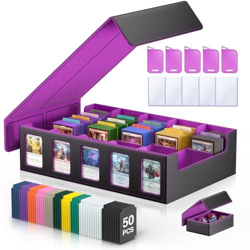 MORCCO Trading Card Storage Box 5-Row 3900+ Capacity,TCG MTG Card Case with Magnetic Lid & Commander Display,Top Loader Storage for Sports Cards,Includes Dividers Dice Box（Black Purple）