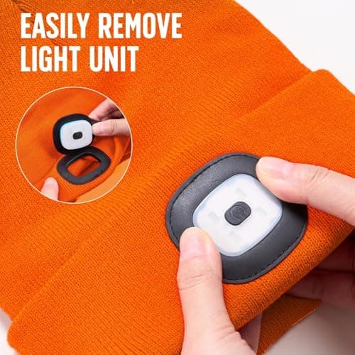 SYMNTEM Unisex Beanie Hat with Light, Rechargeable Headlight Cap, Valentines Day Gifts for Him, Cool Gadget Gifts for Him, Birthday Gifts for Women, Gifts for Men, Orange view 4