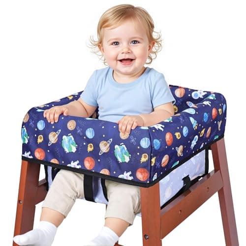 High Chair Cover, Baby High Chair Cover for Restaurants, Waterproof Portable Highchair Covers with 3-Point Harness for Eating, Travel, Home, Machine Washable, Fits Wooden Chairs (Blue)