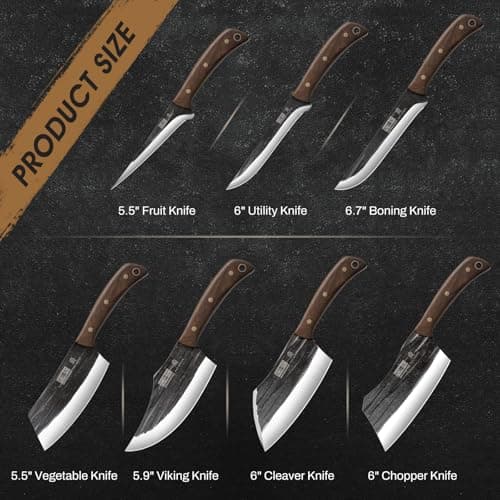 HOSHANHO Butcher Knife Set, Sharp Kitchen Knife Set & Roll Bag Gift for Men | Hand Forged 8PCS Butcher Chef Knife Set with Meat Cleaver Knife & Bone Chopper Knives & Fillet Knives for Home, Camping, BBQ view 2