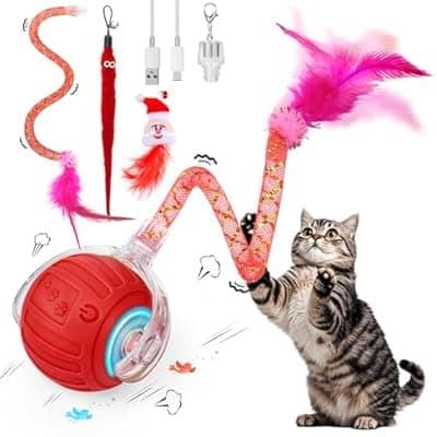 Interactive Cat Toy Ball - Christmas Cat Toys for Indoor Cats with Feather Tails for Chasing, Moving Stimulation Smart Cat Toy for Enrichment, Motion Activated Automatic Rolling Toys to Keep Them Busy