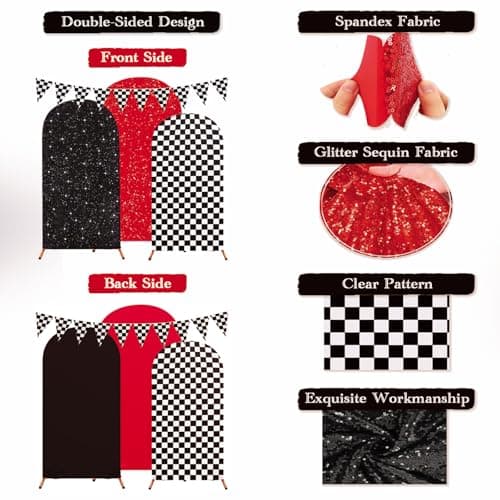 3PCS Arch Backdrop Cover Set (4,5,6FT) for Monster Truck Car Birthday Party Decorations, Boys Race Car Theme Background with Checkered Arch Covers view 3