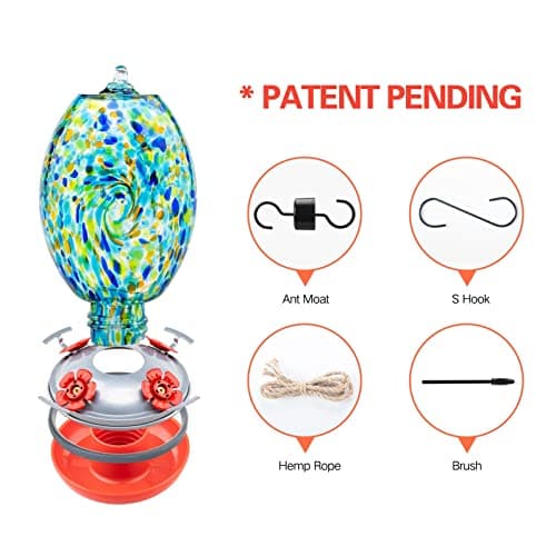 Muse Garden Glass Humming Bird Feeders for Outdoors - 27OZ Blown Glass Hummingbird Feeder - Unique Gift for Mom Gardeners Women, Outdoors Hanging Garden Decor, Includes Ant Moat & Brush, Starry Night view 4