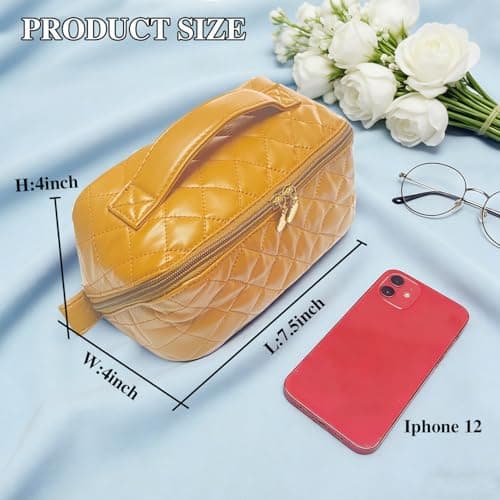 STOMKIRE Brown Soft Leather Small Makeup Bag for Purse Small Makeup Pouch Cute Cosmetic Bag Mini Travel Toiletry Bag Quilted Lay Flat Make up Bag for Women view 4