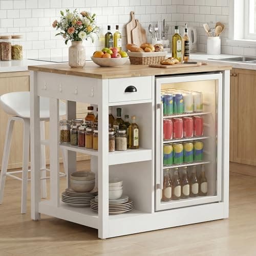 LAZZO 35.4" Kitchen Island with Storage and Seating, White and Natural | Coffee Bar Cabinet with Fridge Space, Power Outlets, Rubberwood Worktop, Open Shelves & Side Hooks for Kitchen Dining Room view 3