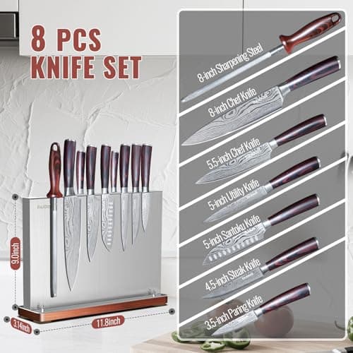 DAJOUJS 8-Pieces Kitchen Knife Set - High Carbon Stainless Steel Magnetic Knife Block Set with Sharpener Sharp Knives Set for Cooking with Ergonomic Handle view 3