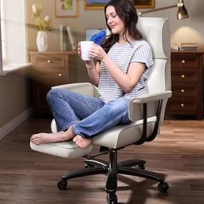 SeekFancy Criss Cross Chair with Wheels and Arms, Reclining Office Chair with Footrest and Wide Seat, Leather Big and Tall Desk Chair 400LBS, Button Tufted Vintage Design, White
