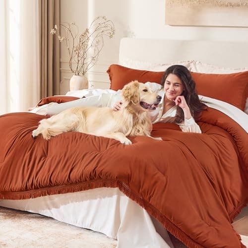 Andency King Size Comforter Set Burnt Orange, 3 Pieces Boho Terracotta Soft Lightweight Bedding Comforter Sets, Rust Tassel All Season Bed Set (104x90In Comforter & 2 Pillowcases) view 3