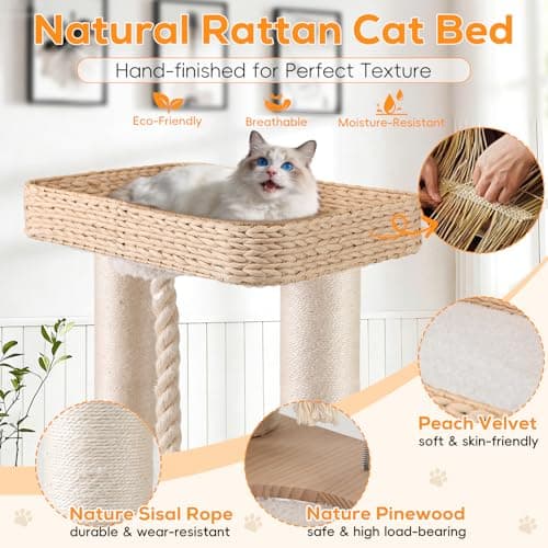 EMUST Luxury Modern Cat Tree Tower 50IN - Heavy-Duty Multi-Level Cat Condo with Extra-Large Hand-Woven Rattan Bed & Thickened Scratching Post for Indoor Cats Large Adult view 4