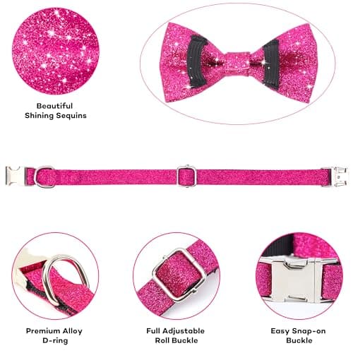 Jumpress Bling Bow Tie Dog Collar and Leash Set, Cute Pink Girl Dog Collar with 5ft Leash for Small Medium Dogs Daily Walking or Holiday Party (Hot Pink, Neck fit 11-16’’) view 3