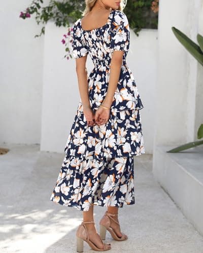 BTFBM Womens Square Neck Smocked Dress Summer Puff Short Sleeve Floral Casual Ruffle Tiered Maxi Wedding Guest Dresses view 3