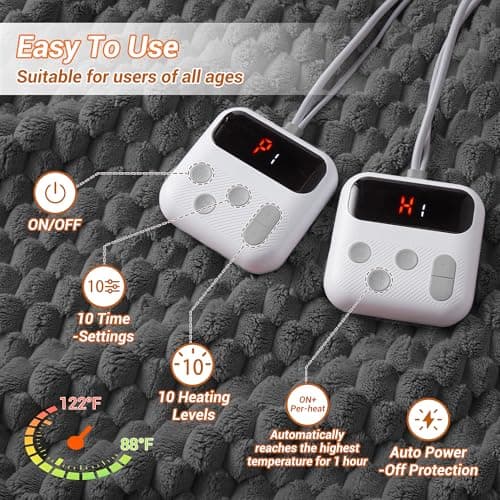 GarveeHome Heated Blanket Electric Blanket King Size 90 in x100 in, w/Dual Control,10 Heating Levels & 10 Hours Auto Shut Off, Cozy Soft Fleece Fast Heating Blankets Gift, Machine Washable, Grey view 3