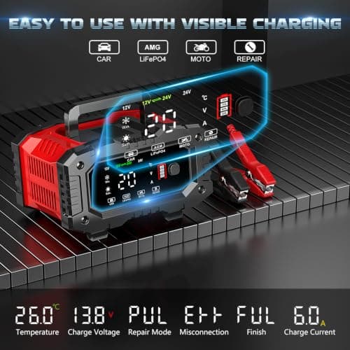 Battery Charger for Car 20A 12V/24V LiFePO4 Trickle Charger Maintainer | Car battery charger Lead Acid Compatible with Temperature Compensation for Car Truck Motorcycle Lawn Mower Boat view 4