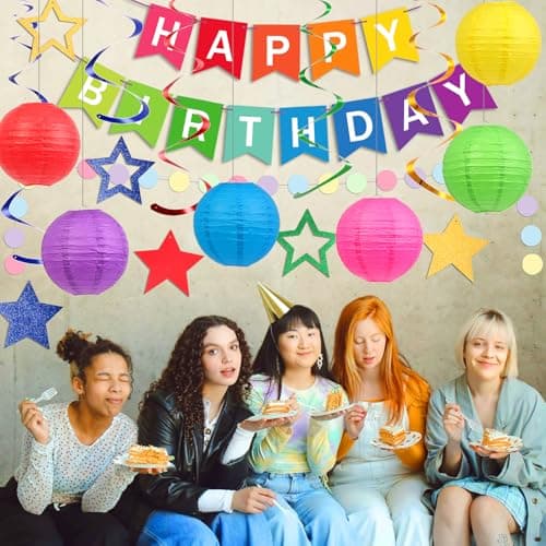 Happy Birthday Decorations, Colorful Birthday Party Decorations Set with Happy Birthday Banner, Paper Lanterns, Star Swirl Hanging Decorations & Circle Dots Garland view 5
