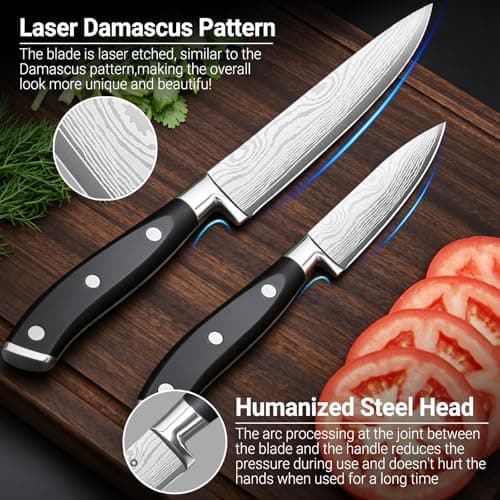 Razor Sharp 2PCS Small Kitchen Knife Set, 5 inch Utility Knife and 3.5 inch Paring Knife, High Carbon Steel Damascus Pattern Japanese Chef Knife with Full Tang Handle Design for Home Kitchen view 7