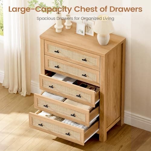 VIAGDO Rattan Dresser for Bedroom, Vertical Tall Rattan Dresser with 5 Storage Drawers, Boho Wood 5 Drawer Dresser with Thick Legs, Wooden Chest of Drawers for Bedroom, Entryway, Living Room, Natural view 3