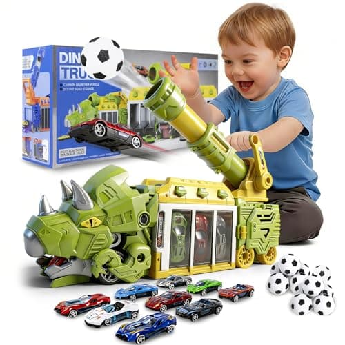 BYFWH Dinosaur Triceratops Truck Car Toy, Shooting Game with Storage Bay | Dinosaur Shooting Truck with Foldable Pod, 10 Mini Cars & 12 Soft Balls, Develops Kids Hand-eye Coordination — image 1