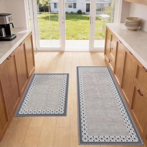 SAIKOOWA Kitchen Mats for Floor,Kitchen Rugs Mat Non Slip Washable Set of 2 PCS, Absorbent Runner Rugs for Kitchen, Front of Sink, 17.3"x 59"+17.3"x 30" Beige Gray view 3