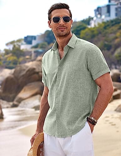 COOFANDY Men's Linen Shirts Short Sleeve Casual Shirts Button Down Shirt for Men Beach Summer Wedding Shirt view 3