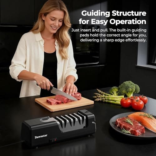 Dawnstar Electric Knife Sharpener, Precise 20° Diamond Knife Sharpener for Kitchen Knives, Quick Repairing in 40 Seconds, with Metal Dust Collection Box & Special Port for Scissors, Black view 2