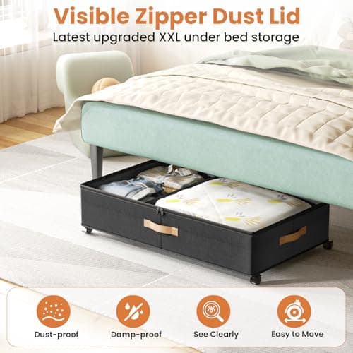 Mqaue Under Bed Storage with Wheels, 72L XXL Under the Bed Storage Containers Large, 10‘’ Tall Adjustable Storage for Underbed with Lids, Rolling for Shoes, Clothes, Blankets, Black view 4